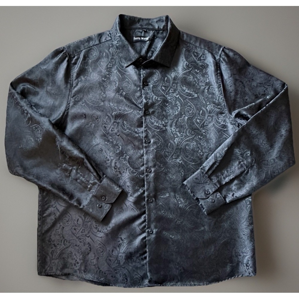 Barry Wang Long Sleeve Button Down Shirt Black Embroidered Paisley Silk XXL JBHS